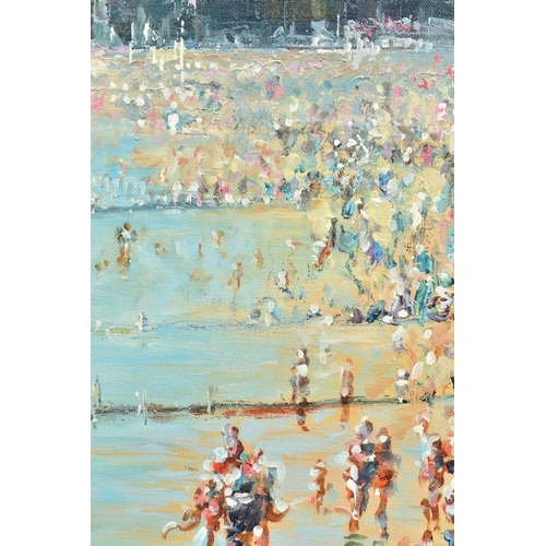 304 - HILARY BURNETT COOPER (BRITISH CONTEMPORARY) 'ENJOYING THE HEATWAVE II' sunbathers and figures paddl... 