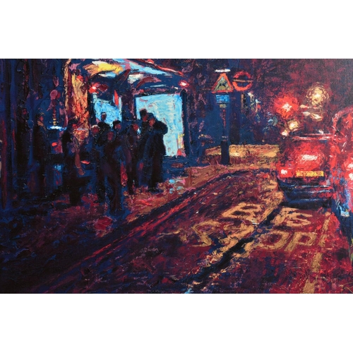 306 - ROLF HARRIS (AUSTRALIA 1930) 'BUS STOP, HYDE PARK CORNER', a limited edition print of London at nigh... 