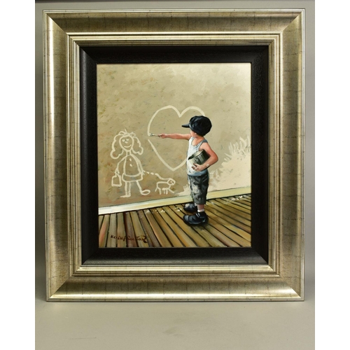 309 - KEITH PROCTOR (BRITISH 1961) 'MUMS LITTLE HELPER' a small boy painting, an image of his mum and a he... 