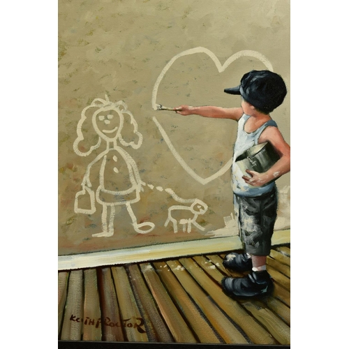 309 - KEITH PROCTOR (BRITISH 1961) 'MUMS LITTLE HELPER' a small boy painting, an image of his mum and a he... 