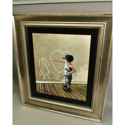 309 - KEITH PROCTOR (BRITISH 1961) 'MUMS LITTLE HELPER' a small boy painting, an image of his mum and a he... 