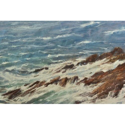 310 - JAMES BARTHOLOMEW (BRITISH CONTEMPORARY) 'OFF THE POINT KYNE' a coastal seascape, waves flowing over... 