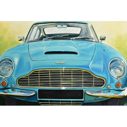 314 - ROZ WILSON (BRITISH 1960) 'ASTON MARTIN' a turquoise classic car, signed bottom, signed Best Wishes ... 