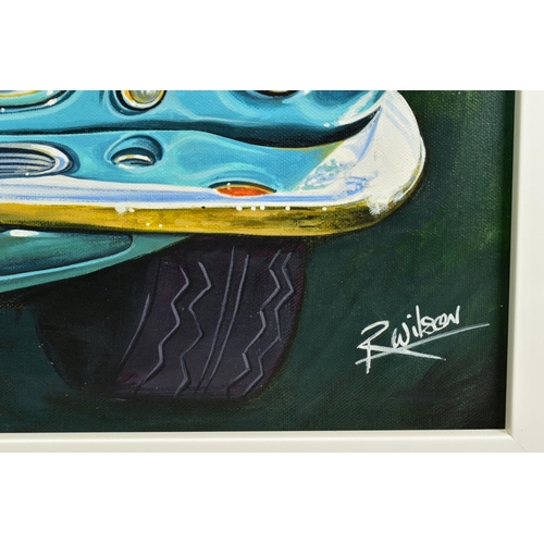 314 - ROZ WILSON (BRITISH 1960) 'ASTON MARTIN' a turquoise classic car, signed bottom, signed Best Wishes ... 