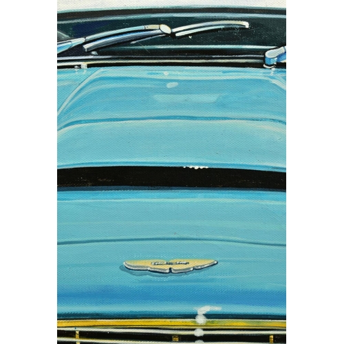 314 - ROZ WILSON (BRITISH 1960) 'ASTON MARTIN' a turquoise classic car, signed bottom, signed Best Wishes ... 