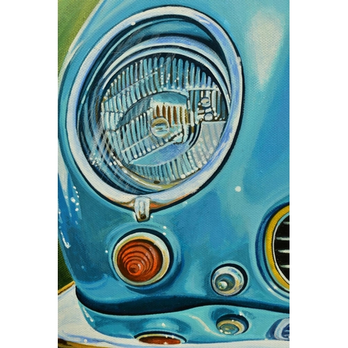 314 - ROZ WILSON (BRITISH 1960) 'ASTON MARTIN' a turquoise classic car, signed bottom, signed Best Wishes ... 