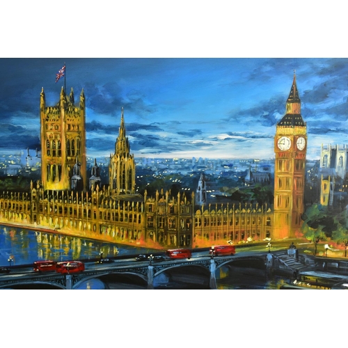 316 - CSILLA ORBAN (HUNGRY 1961) 'WESTMINSTER LIGHTS IV' a London cityscape at night, signed bottom right,... 