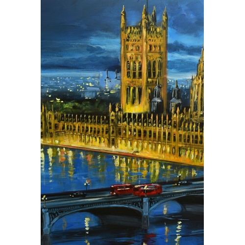 316 - CSILLA ORBAN (HUNGRY 1961) 'WESTMINSTER LIGHTS IV' a London cityscape at night, signed bottom right,... 