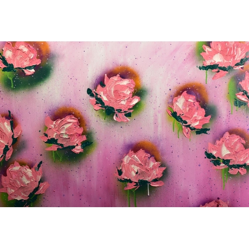 317 - CLARE SYKES (BRITISH 1972) 'WALLPAPER OF VINTAGE PINKS' pink rose heads against a pink backdrop, sig... 