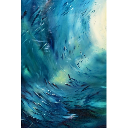 319 - JULIE ANN SCOTT (BRITISH CONTEMPORARY) 'GRACE AS THE OCEAN' a shoal of fish beneath the sun, signed ... 