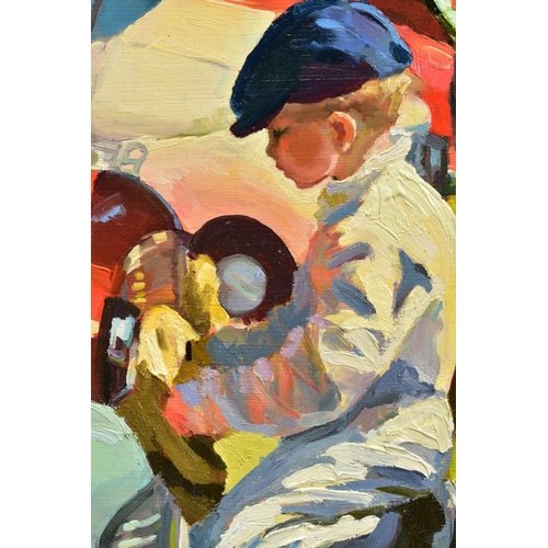 321 - SHERREE VALENTINE DAINES (BRITISH 1959) 'THE POLISHER' a small boy polishing a row of pedal cars, in... 