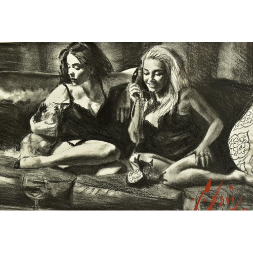 322 - FABIAN PEREZ (ARGENTINA 1967) 'EUGIE & GEO II' two scantilly clad female figures sitting on a sofa, ... 