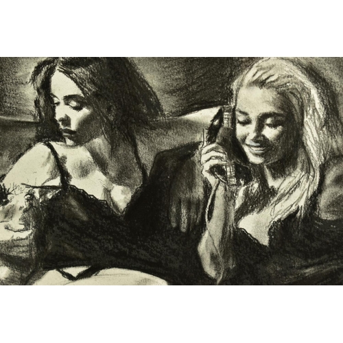 322 - FABIAN PEREZ (ARGENTINA 1967) 'EUGIE & GEO II' two scantilly clad female figures sitting on a sofa, ... 