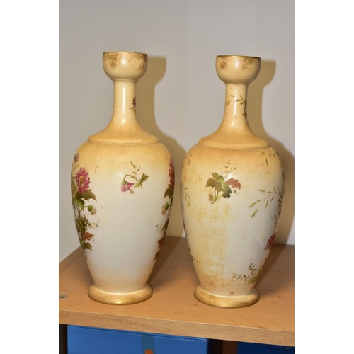 344 - A PAIR OF WILTSHAW & ROBINSON (LTD) CARLTON WORKS IVORY GROUND BALUSTER VASES, printed and painted w... 