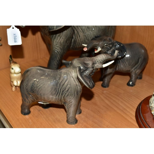 351 - A GROUP OF BESWICK, comprising three Elephants, two small No 974 with trunks stretched (one with reg... 