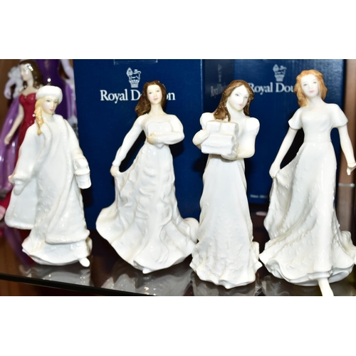 355 - TEN ROYAL DOULTON SENTIMENTS FIGURES, nine with boxes, 'Thinking of You' HN3124, 'Forget-Me-Not' HN3... 