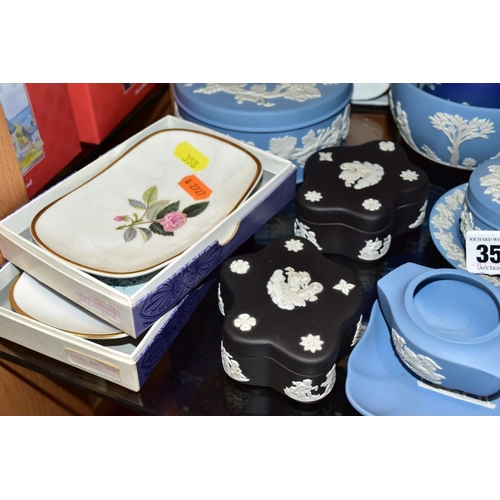 358 - A GROUP OF WEDGWOOD BONE CHINA AND JASPERWARE, including four assorted pale blue jasperware trinket ... 