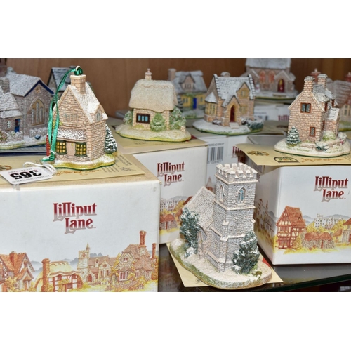 365 - SEVENTEEN LILLIPUT LANE SNOW COVERED SCULPTURES, fifteen with boxes, all with deeds, comprising thre... 