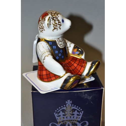 366 - A BOXED ROYAL CROWN DERBY PAPERWEIGHT, 'Scottish Teddy-Shona' with gold stopper and certificate (Con... 