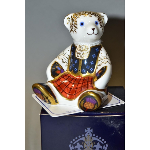 366 - A BOXED ROYAL CROWN DERBY PAPERWEIGHT, 'Scottish Teddy-Shona' with gold stopper and certificate (Con... 