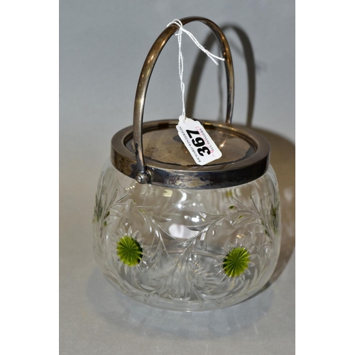 367 - A GEORGE V SILVER MOUNTED CUT GLASS BISCUIT BARREL, with swing handle, pull off cover with ball fini... 