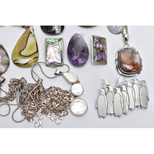 37 - A SELECTION OF SILVER AND WHITE METAL SEMI-PRECIOUS SET JEWELLERY AND BROOCHES/PENDANTS, to include ... 