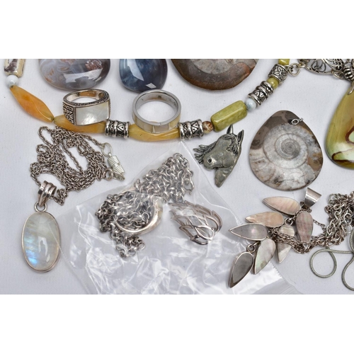 37 - A SELECTION OF SILVER AND WHITE METAL SEMI-PRECIOUS SET JEWELLERY AND BROOCHES/PENDANTS, to include ... 