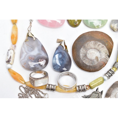 37 - A SELECTION OF SILVER AND WHITE METAL SEMI-PRECIOUS SET JEWELLERY AND BROOCHES/PENDANTS, to include ... 