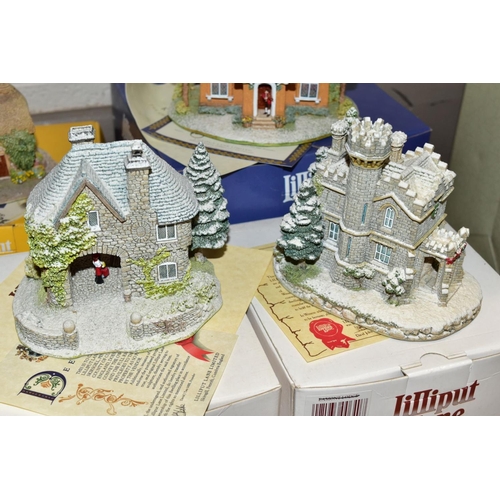 371 - EIGHT BOXED LILLIPUT LANE SCULPTURES, all with deeds, 'Kerry Lodge' (Christmas Collection) with leaf... 