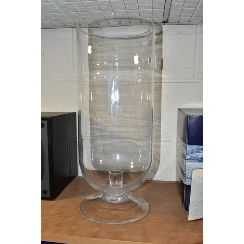 374 - A LARGE GLASS FOOTED CANDLE HOLDER, with fitted interior central support for candle, height 48cm