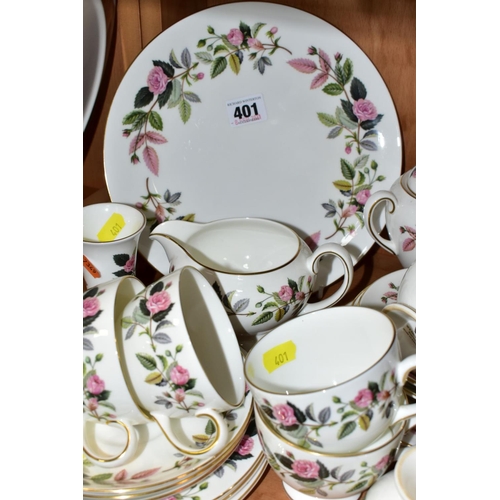 401 - WEDGWOOD 'HATHAWAY ROSE', R4317, comprising cake plate, milk jug, covered twin  handled sugar bowl, ... 