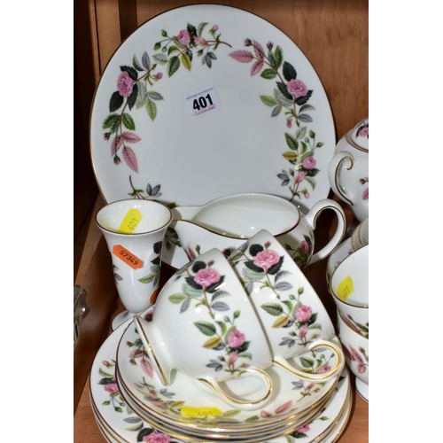 401 - WEDGWOOD 'HATHAWAY ROSE', R4317, comprising cake plate, milk jug, covered twin  handled sugar bowl, ... 