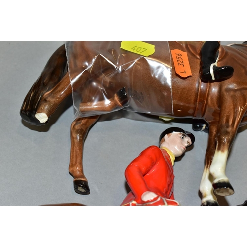 407 - TWO BESWICK HUNTSMEN, No 1501, both brown horses, one with two legs loose and mark to ear, the other... 