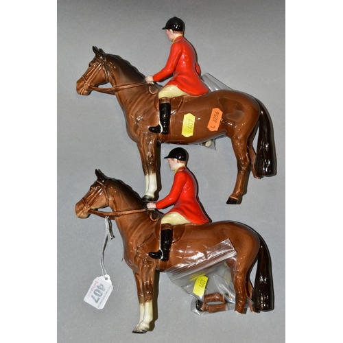 407 - TWO BESWICK HUNTSMEN, No 1501, both brown horses, one with two legs loose and mark to ear, the other... 