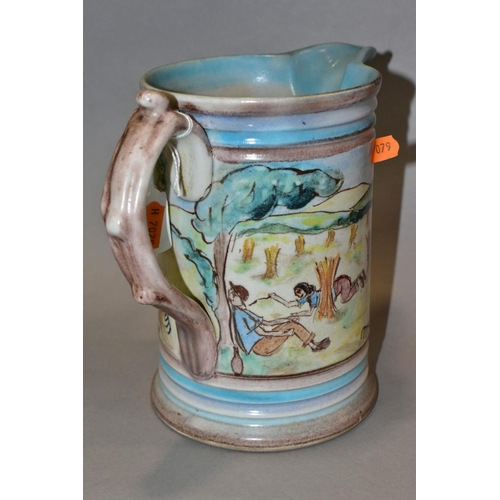 416 - A LARGE DENBY GLYN COLLEDGE JUG, with hand painted Harvest scene, signature to base and black 'MADE ... 