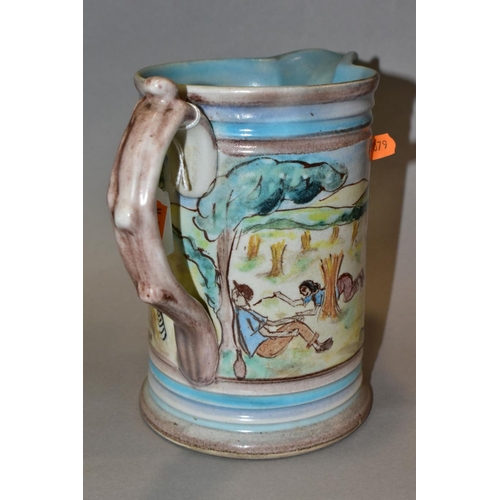 416 - A LARGE DENBY GLYN COLLEDGE JUG, with hand painted Harvest scene, signature to base and black 'MADE ... 