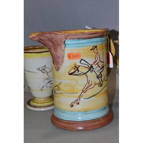 418 - A LARGE DENBY GLYN COLLEDGE JUG, with hand painted hunting scenes, signature and black 'MADE IN ENGL... 