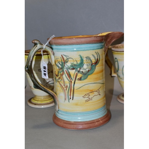 418 - A LARGE DENBY GLYN COLLEDGE JUG, with hand painted hunting scenes, signature and black 'MADE IN ENGL... 