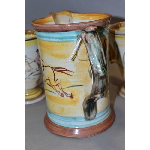 418 - A LARGE DENBY GLYN COLLEDGE JUG, with hand painted hunting scenes, signature and black 'MADE IN ENGL... 