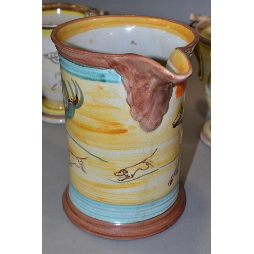 418 - A LARGE DENBY GLYN COLLEDGE JUG, with hand painted hunting scenes, signature and black 'MADE IN ENGL... 