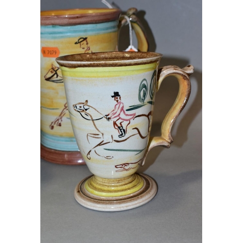 418 - A LARGE DENBY GLYN COLLEDGE JUG, with hand painted hunting scenes, signature and black 'MADE IN ENGL... 