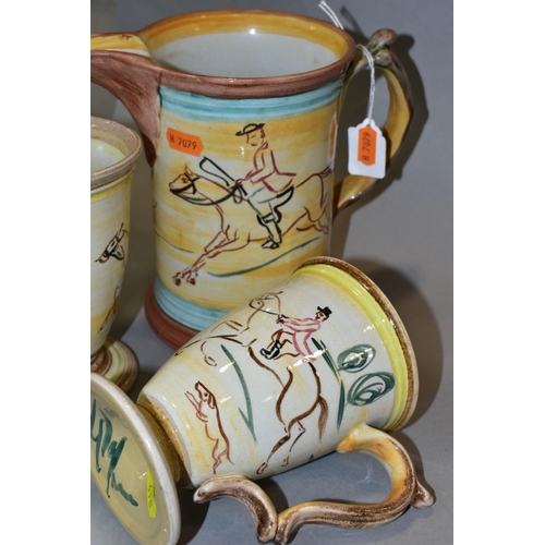 418 - A LARGE DENBY GLYN COLLEDGE JUG, with hand painted hunting scenes, signature and black 'MADE IN ENGL... 