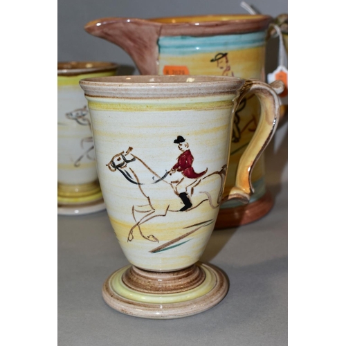 418 - A LARGE DENBY GLYN COLLEDGE JUG, with hand painted hunting scenes, signature and black 'MADE IN ENGL... 