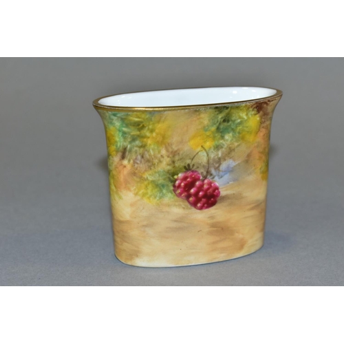 419 - A ROYAL WORCESTER MATCH HOLDER, hand painted fruit decorated, signed J. Smith, height 6cm (Condition... 