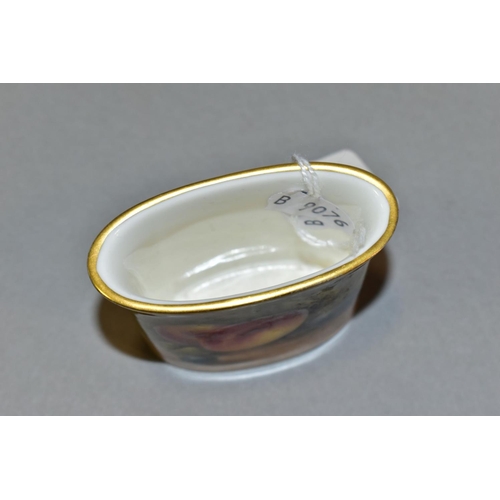 419 - A ROYAL WORCESTER MATCH HOLDER, hand painted fruit decorated, signed J. Smith, height 6cm (Condition... 