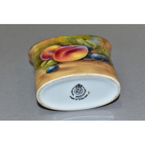 419 - A ROYAL WORCESTER MATCH HOLDER, hand painted fruit decorated, signed J. Smith, height 6cm (Condition... 