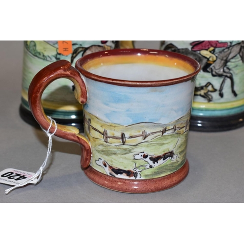 420 - A DENBY GLYN COLLEDGE MUG, hand painted Hunting scene, signature to base and printed black MADE IN E... 