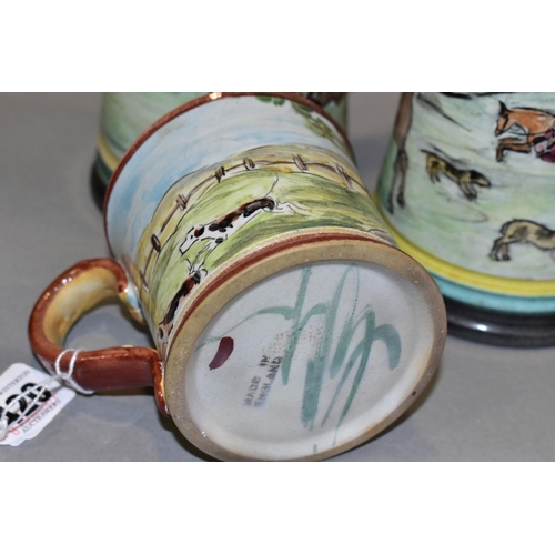 420 - A DENBY GLYN COLLEDGE MUG, hand painted Hunting scene, signature to base and printed black MADE IN E... 