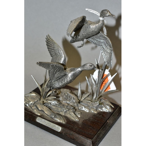 421 - TWO 'MALLARD IN PEWTER' SCULPTURES, by A R Brown, on wooden plinths, total height 14.5cm (2)