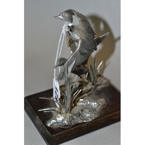 421 - TWO 'MALLARD IN PEWTER' SCULPTURES, by A R Brown, on wooden plinths, total height 14.5cm (2)